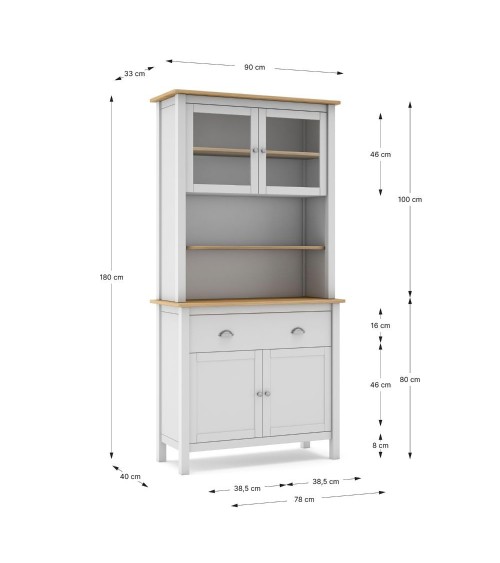 Credenza Misti con vetrina 4 ante e 2 cassetti in legno massiccio colore bianco e rovere