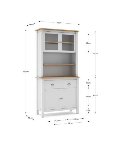 Credenza Misti con vetrina 4 ante e 2 cassetti in legno massiccio colore bianco e rovere