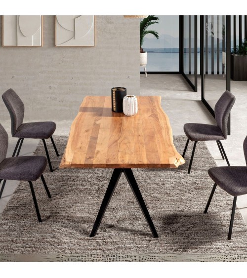 Tavolo rettangolare fisso Mudri con piano in legno massiccio acacia e gambe in metallo nero