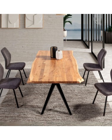Tavolo rettangolare fisso Mudri con piano in legno massiccio acacia e gambe in metallo nero