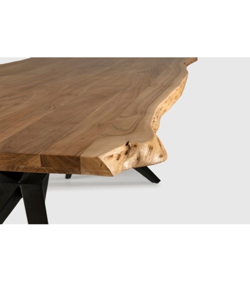 Tavolo rettangolare fisso Mudri con piano in legno massiccio acacia e gambe in metallo nero