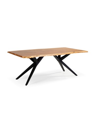 Tavolo rettangolare fisso Mudri con piano in legno massiccio acacia e gambe in metallo nero