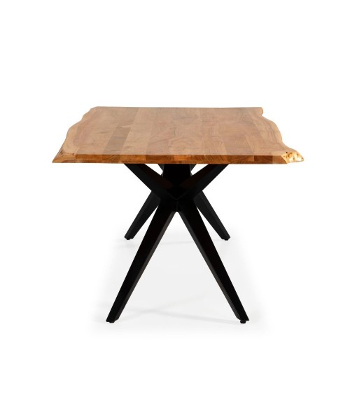 Tavolo rettangolare fisso Mudri con piano in legno massiccio acacia e gambe in metallo nero