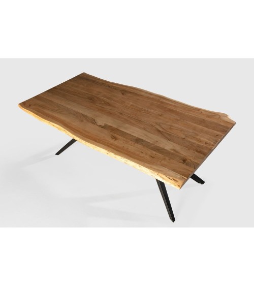 Tavolo rettangolare fisso Mudri con piano in legno massiccio acacia e gambe in metallo nero
