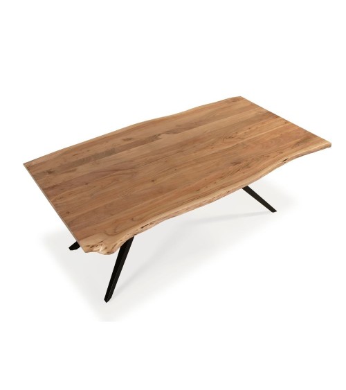 Tavolo rettangolare fisso Mudri con piano in legno massiccio acacia e gambe in metallo nero