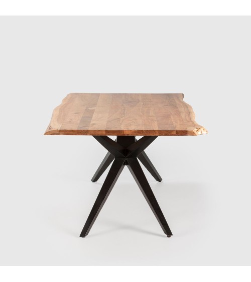 Tavolo rettangolare fisso Mudri con piano in legno massiccio acacia e gambe in metallo nero