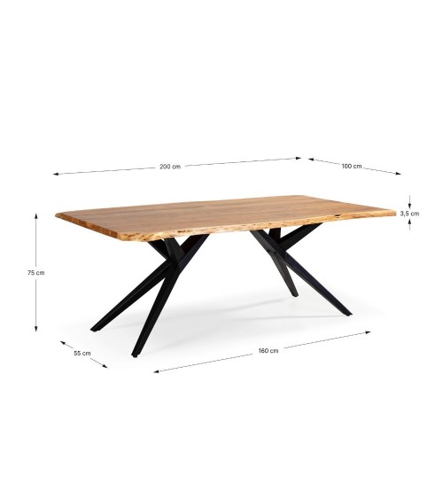 Tavolo rettangolare fisso Mudri con piano in legno massiccio acacia e gambe in metallo nero