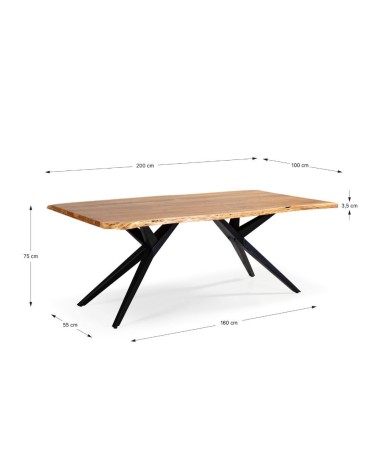 Tavolo rettangolare fisso Mudri con piano in legno massiccio acacia e gambe in metallo nero