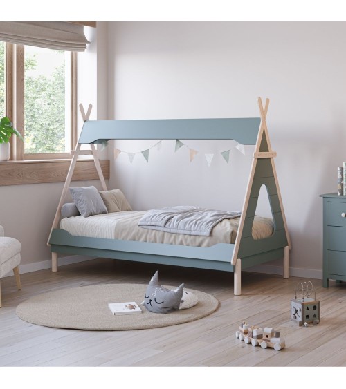 Letto a capanna Nora in legno massiccio colore verde petrolio e bianco