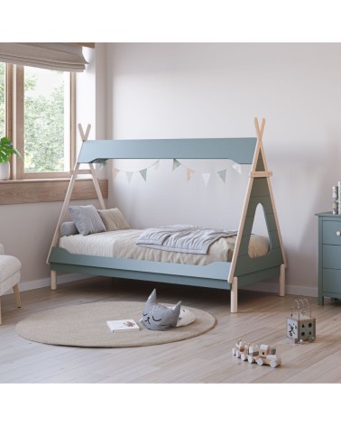 Letto a capanna Nora in legno massiccio colore verde petrolio e bianco