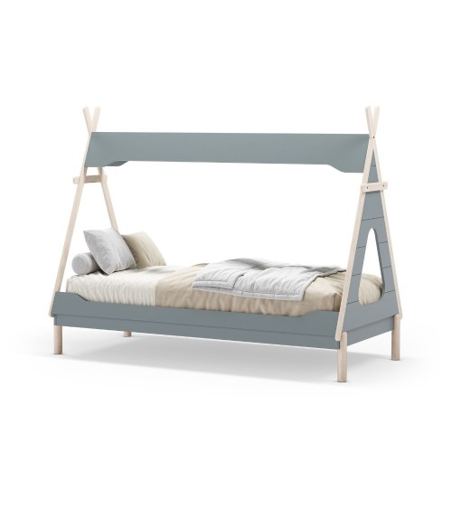 Letto a capanna Nora in legno massiccio colore verde petrolio e bianco