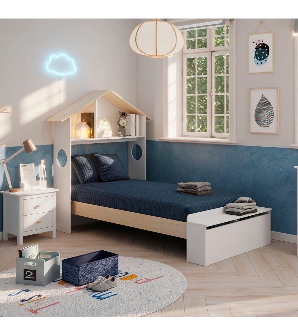 Letto singolo Odessa con testiera casetta e pediera contenitore in legno massiccio colore bianco
