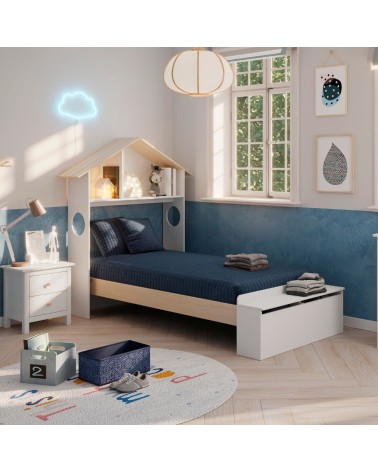 Letto singolo Odessa con testiera casetta e pediera contenitore in legno massiccio colore bianco