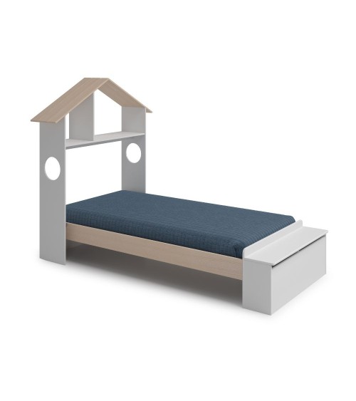 Letto singolo Odessa con testiera casetta e pediera contenitore in legno massiccio colore bianco