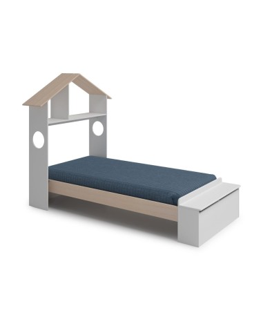 Letto singolo Odessa con testiera casetta e pediera contenitore in legno massiccio colore bianco