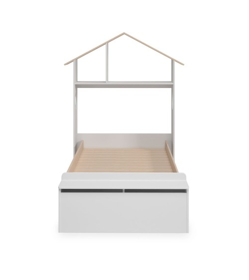 Letto singolo Odessa con testiera casetta e pediera contenitore in legno massiccio colore bianco