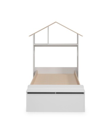 Letto singolo Odessa con testiera casetta e pediera contenitore in legno massiccio colore bianco