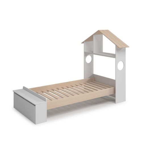 Letto singolo Odessa con testiera casetta e pediera contenitore in legno massiccio colore bianco