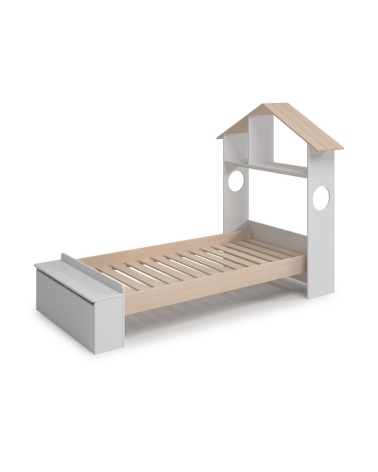 Letto singolo Odessa con testiera casetta e pediera contenitore in legno massiccio colore bianco