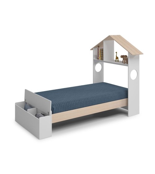 Letto singolo Odessa con testiera casetta e pediera contenitore in legno massiccio colore bianco