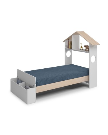 Letto singolo Odessa con testiera casetta e pediera contenitore in legno massiccio colore bianco