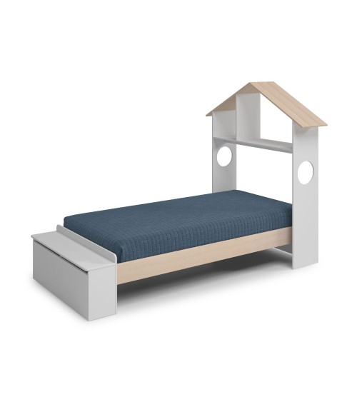 Letto singolo Odessa con testiera casetta e pediera contenitore in legno massiccio colore bianco