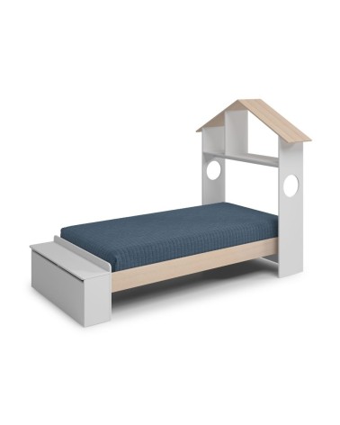 Letto singolo Odessa con testiera casetta e pediera contenitore in legno massiccio colore bianco