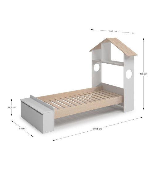 Letto singolo Odessa con testiera casetta e pediera contenitore in legno massiccio colore bianco