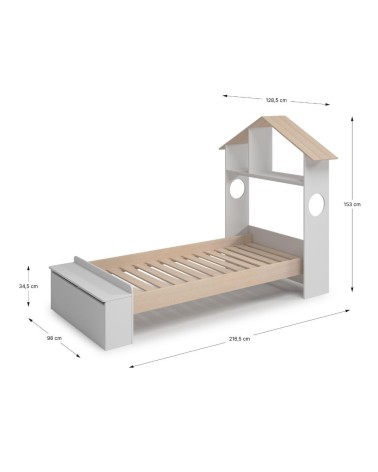 Letto singolo Odessa con testiera casetta e pediera contenitore in legno massiccio colore bianco