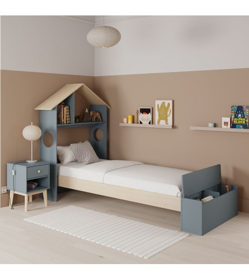 Letto singolo Odessa con testiera casetta e pediera contenitore in legno massiccio colore verde cachi e pino