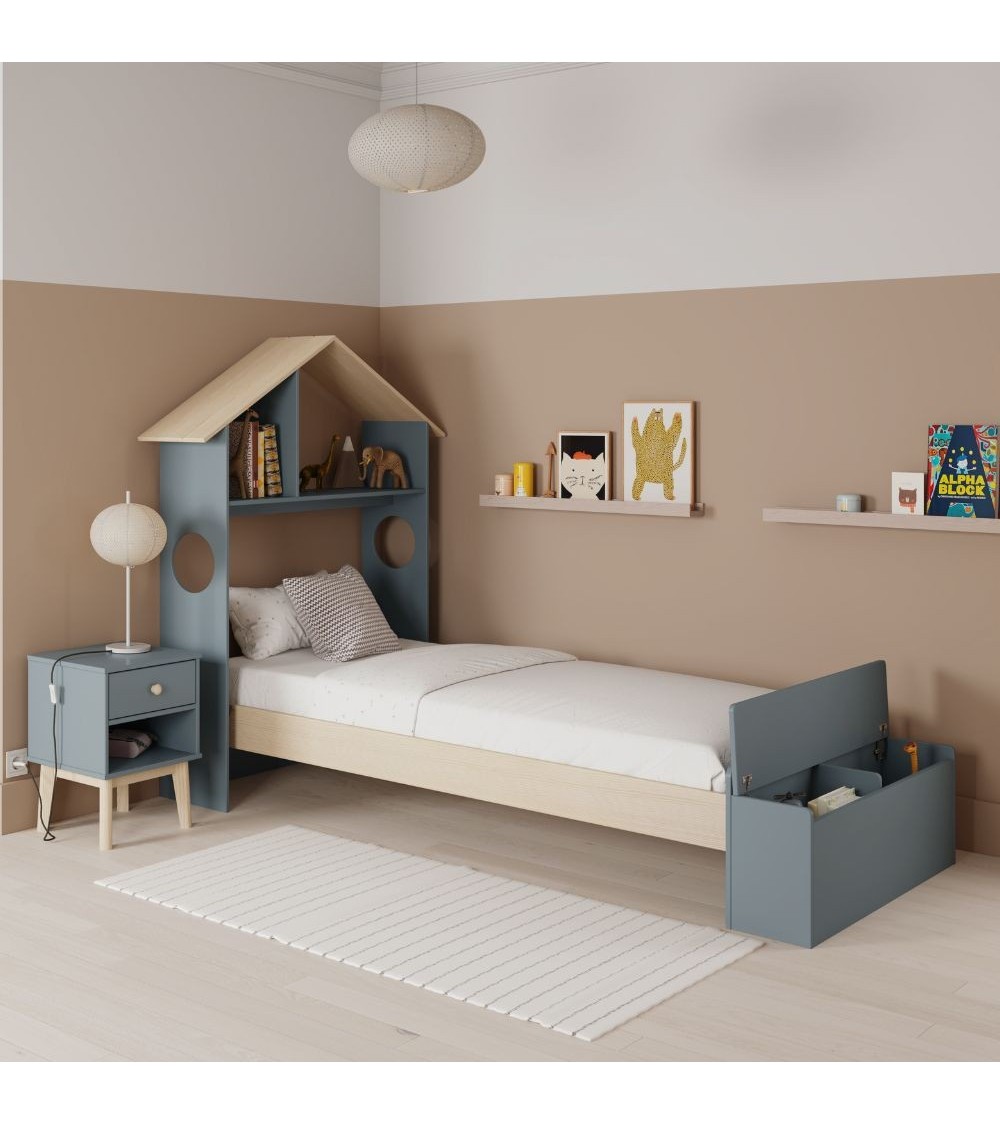 Letto singolo Odessa con testiera casetta e pediera contenitore in legno massiccio colore verde cachi e pino