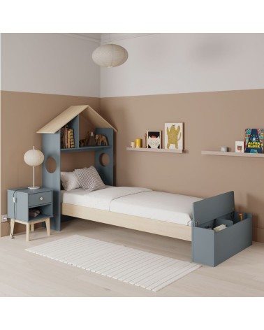 Letto singolo Odessa con testiera casetta e pediera contenitore in legno massiccio colore verde cachi e pino