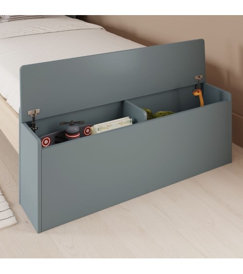 Letto singolo Odessa con testiera casetta e pediera contenitore in legno massiccio colore verde cachi e pino