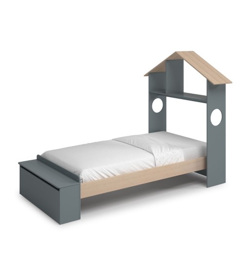 Letto singolo Odessa con testiera casetta e pediera contenitore in legno massiccio colore verde cachi e pino