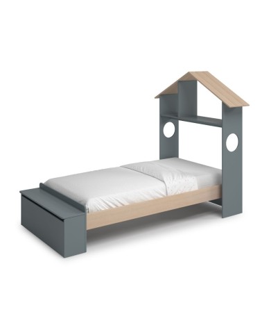 Letto singolo Odessa con testiera casetta e pediera contenitore in legno massiccio colore verde cachi e pino