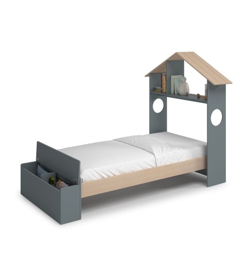Letto singolo Odessa con testiera casetta e pediera contenitore in legno massiccio colore verde cachi e pino