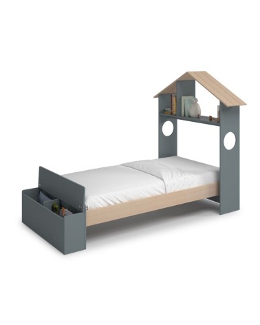 Letto singolo Odessa con testiera casetta e pediera contenitore in legno massiccio colore verde cachi e pino