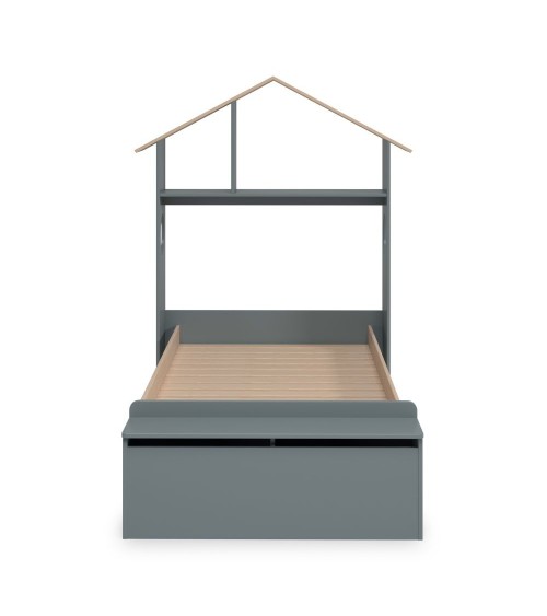 Letto singolo Odessa con testiera casetta e pediera contenitore in legno massiccio colore verde cachi e pino