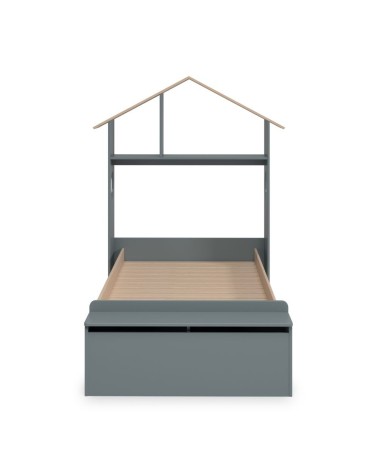 Letto singolo Odessa con testiera casetta e pediera contenitore in legno massiccio colore verde cachi e pino