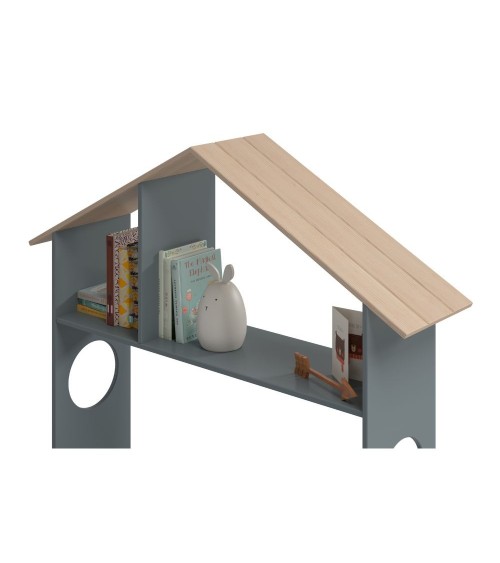 Letto singolo Odessa con testiera casetta e pediera contenitore in legno massiccio colore verde cachi e pino