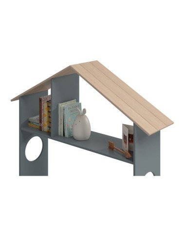 Letto singolo Odessa con testiera casetta e pediera contenitore in legno massiccio colore verde cachi e pino
