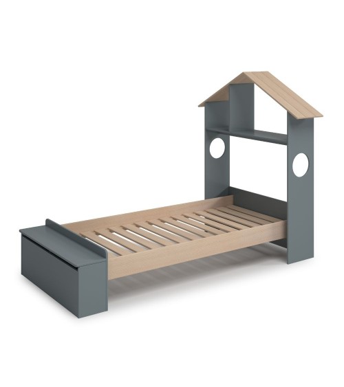 Letto singolo Odessa con testiera casetta e pediera contenitore in legno massiccio colore verde cachi e pino