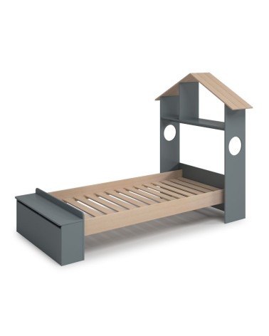 Letto singolo Odessa con testiera casetta e pediera contenitore in legno massiccio colore verde cachi e pino