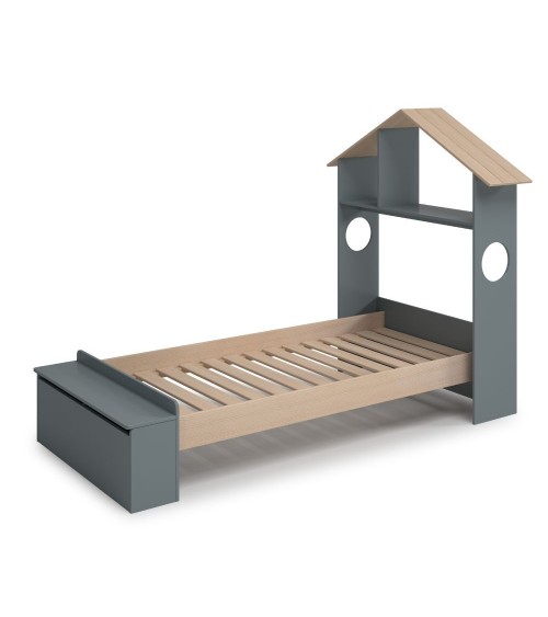 Letto singolo Odessa con testiera casetta e pediera contenitore in legno massiccio colore verde cachi e pino
