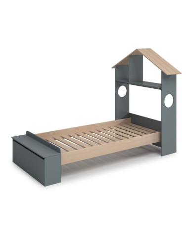 Letto singolo Odessa con testiera casetta e pediera contenitore in legno massiccio colore verde cachi e pino