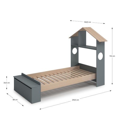 Letto singolo Odessa con testiera casetta e pediera contenitore in legno massiccio colore verde cachi e pino