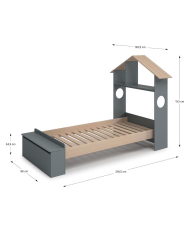 Letto singolo Odessa con testiera casetta e pediera contenitore in legno massiccio colore verde cachi e pino