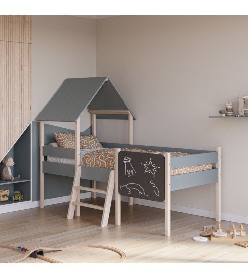 Letto a castello singolo Mint in legno massiccio con lavagnetta colore verde cachi e pino
