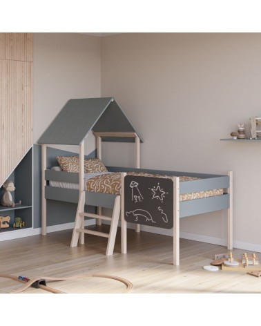 Letto a castello singolo Mint in legno massiccio con lavagnetta colore verde cachi e pino