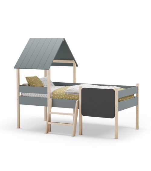 Letto a castello singolo Mint in legno massiccio con lavagnetta colore verde cachi e pino